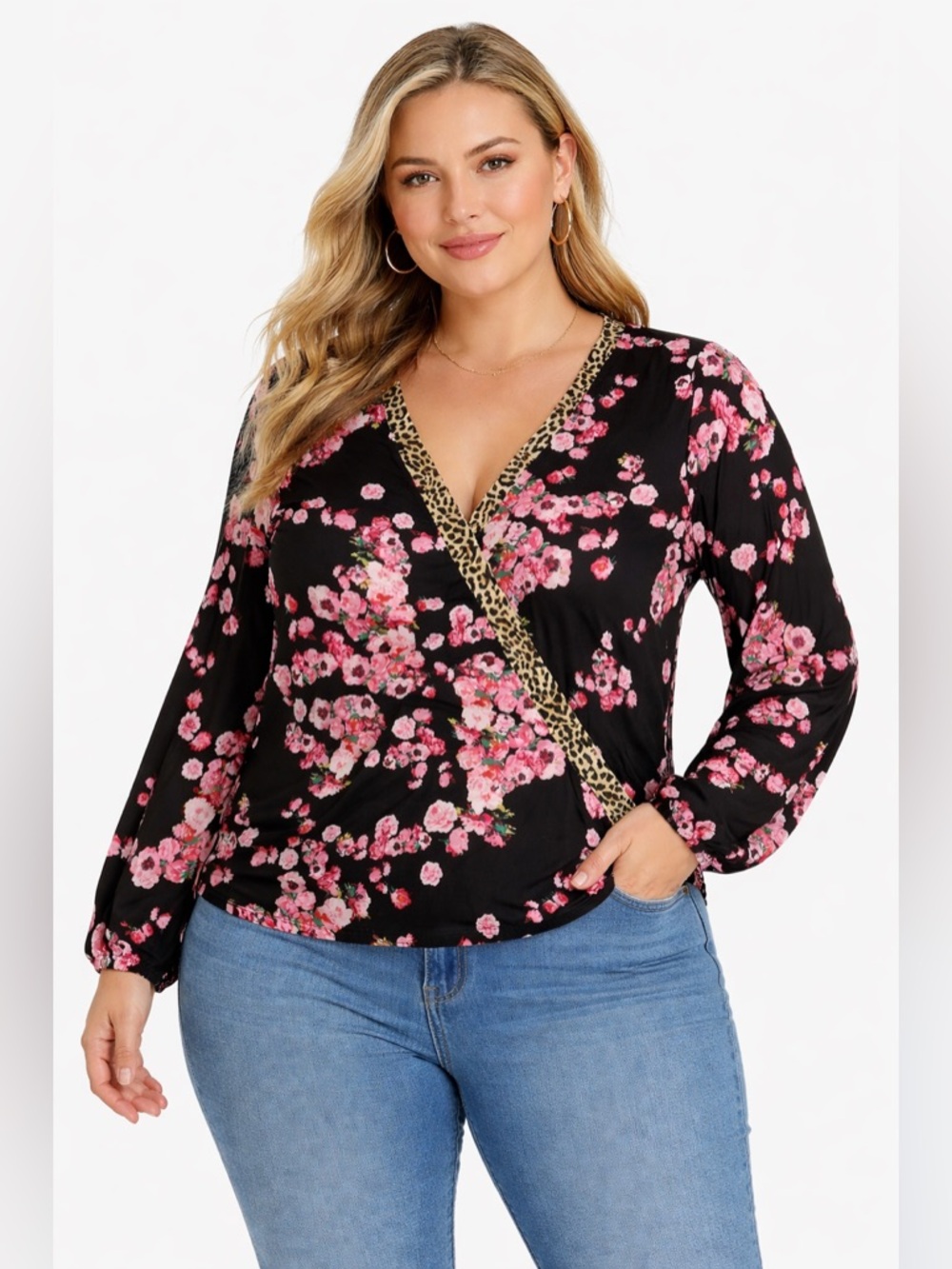 Women’s Black Floral V-Neck Wrap Top with Leopard Trim (001)